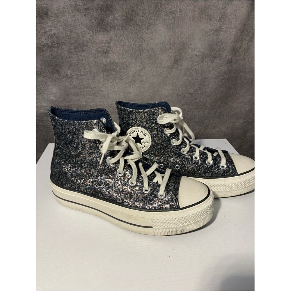 Converse Chuck Taylor All Star Platform High Top Sparkle Glitter Silver Blk 9.5
